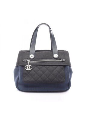 Chanel Handbag Paris Biarritz Navy Black Nylon Leather Coco Charm Mesh Tote